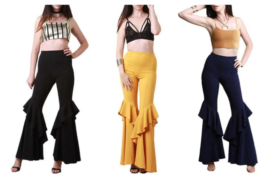 Women′s Fashion High Waist Pleated Crepe Flare Pants Trousers