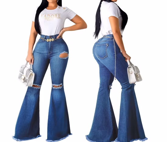 Calça jeans feminina rasgada clássica stretch flare com fundo de sino calça jeans esfarrapada cintura alta Esg14357