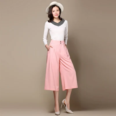 Calças femininas de verão soltas, retas, altura da cintura, pernas largas, calças cortadas, fornecedor OEM em Guangzhou