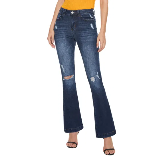 Personalizado destruído buraco cintura alta elástico sino inferior denim feminino flare jeans