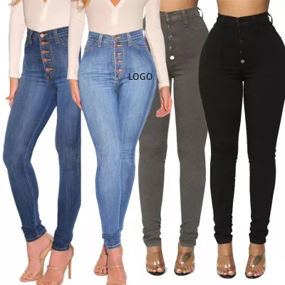 Atacado Lady Fashion Button Fly Denim Skinny Slim Jeans de cintura alta