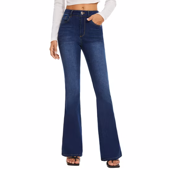 Personalizado azul escuro lavado elástico cintura alta sino inferior denim feminino flare jeans